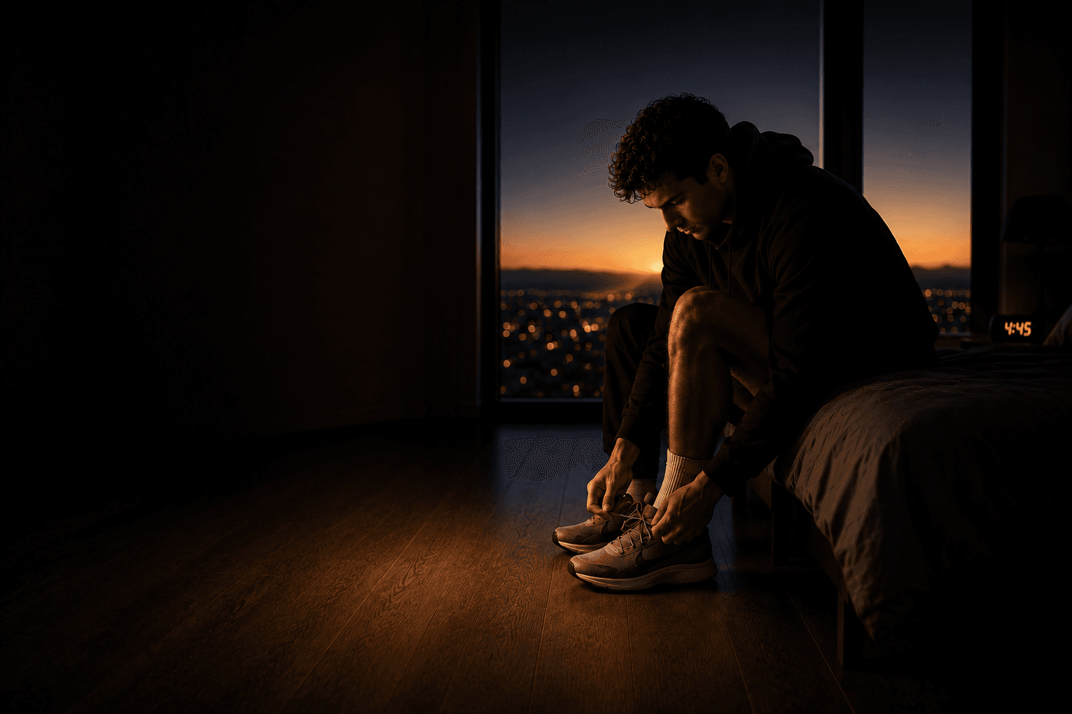 A person sitting on the edge of their bed before dawn, tying their running shoes, city sunrise visible through the window.